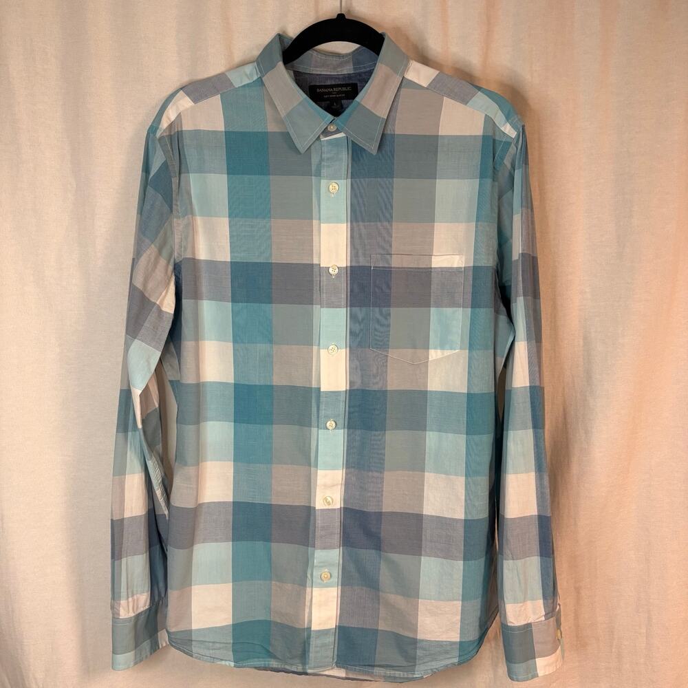 Banana Republic Soft Wash Slim Fit Plaid Shirt Blue White Mens Large